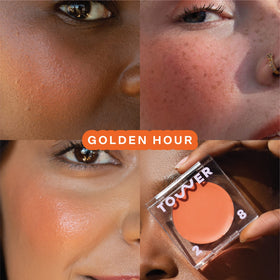 Tower 28 texture swipe of Golden Hour showing dewy cream finish and blendability
