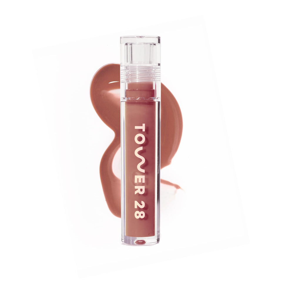 Tower 28 front packaging showing gloss tube and shade Cashew for polished look