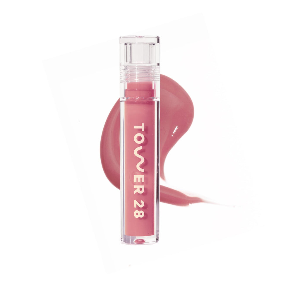 Tower 28 front packaging showing sleek tube and shade name, highlights travel ease
