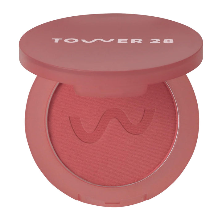 Tower 28 compact front view showing clean matte blush packaging and brand