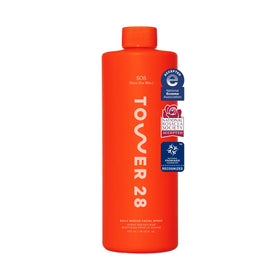 Tower 28 jumbo SOS bottle front view showing product and calming benefit