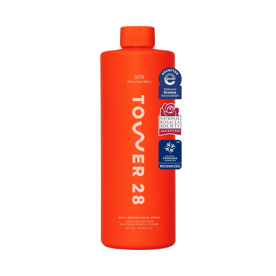 Tower 28 jumbo SOS bottle front view showing product and calming benefit