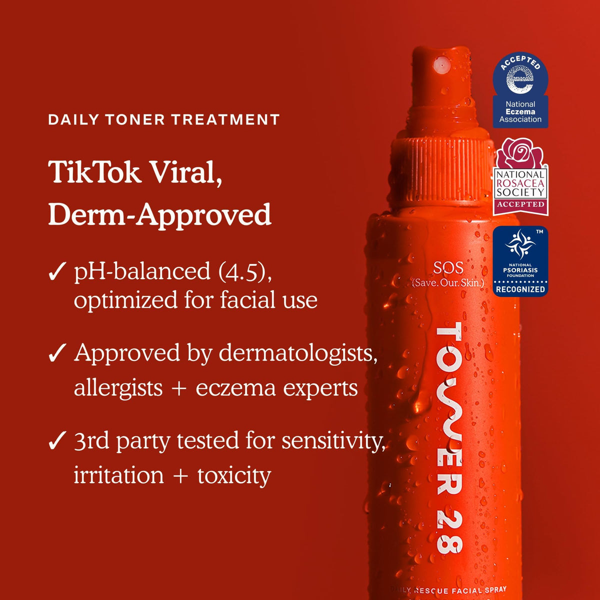 Tower 28 fine facial mist on skin demonstrating soothing and cooling effect