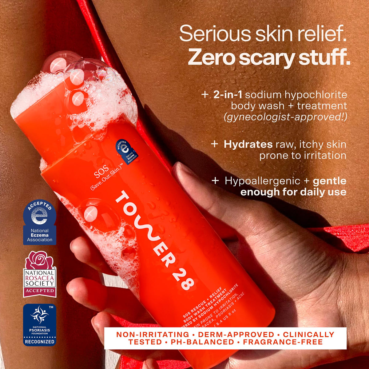 Tower 28 pump and label close-up highlighting hypoallergenic, fragrance-free benefit