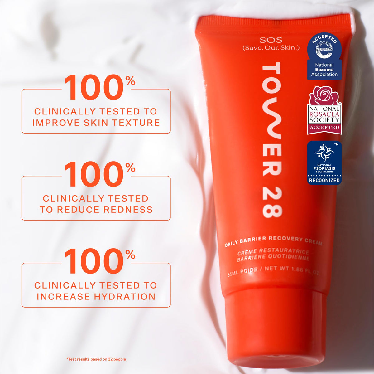 Tower 28 pump dispensing cream illustrating easy, mess-free application