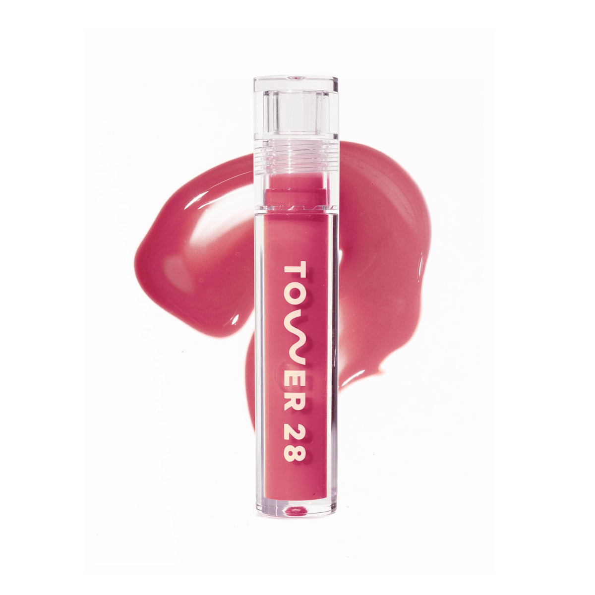 Tower 28 front packaging showing sleek tube and shade name, easy-to-use gloss