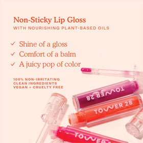 Tower 28 jelly texture swirl showing glossy, non-sticky finish and nourishing sheen benefit
