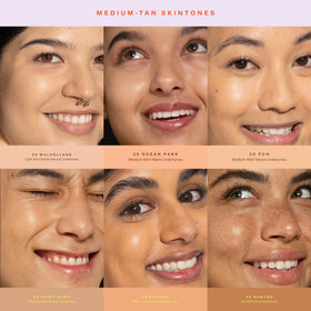 Tower 28 SunnyDays shade 40 on medium skin model showing olive undertone match benefit