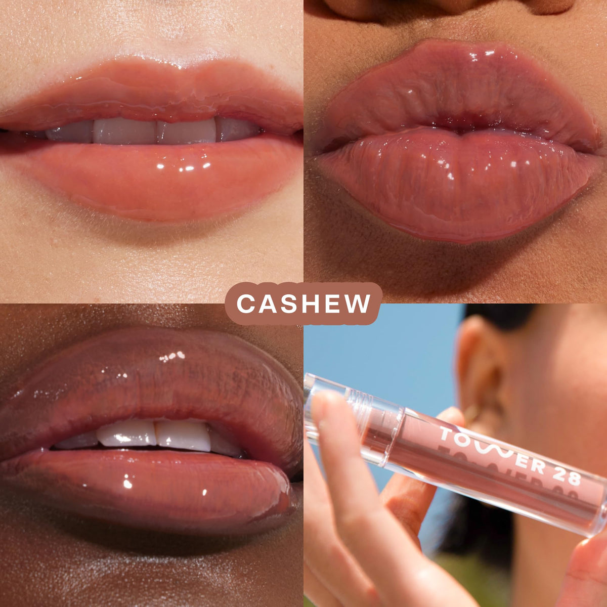 Tower 28 jelly texture close-up highlighting glossy, hydrating finish benefit