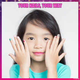 Townley Girl child peeling off dried polish demonstrating remover-free cleanup