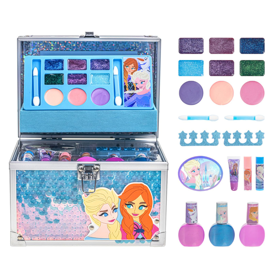 Townley Girl front packaging showing Frozen train case and contents for organized play