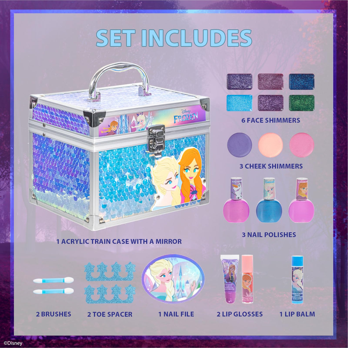 Townley Girl open train case showing all makeup pieces for tidy storage benefit