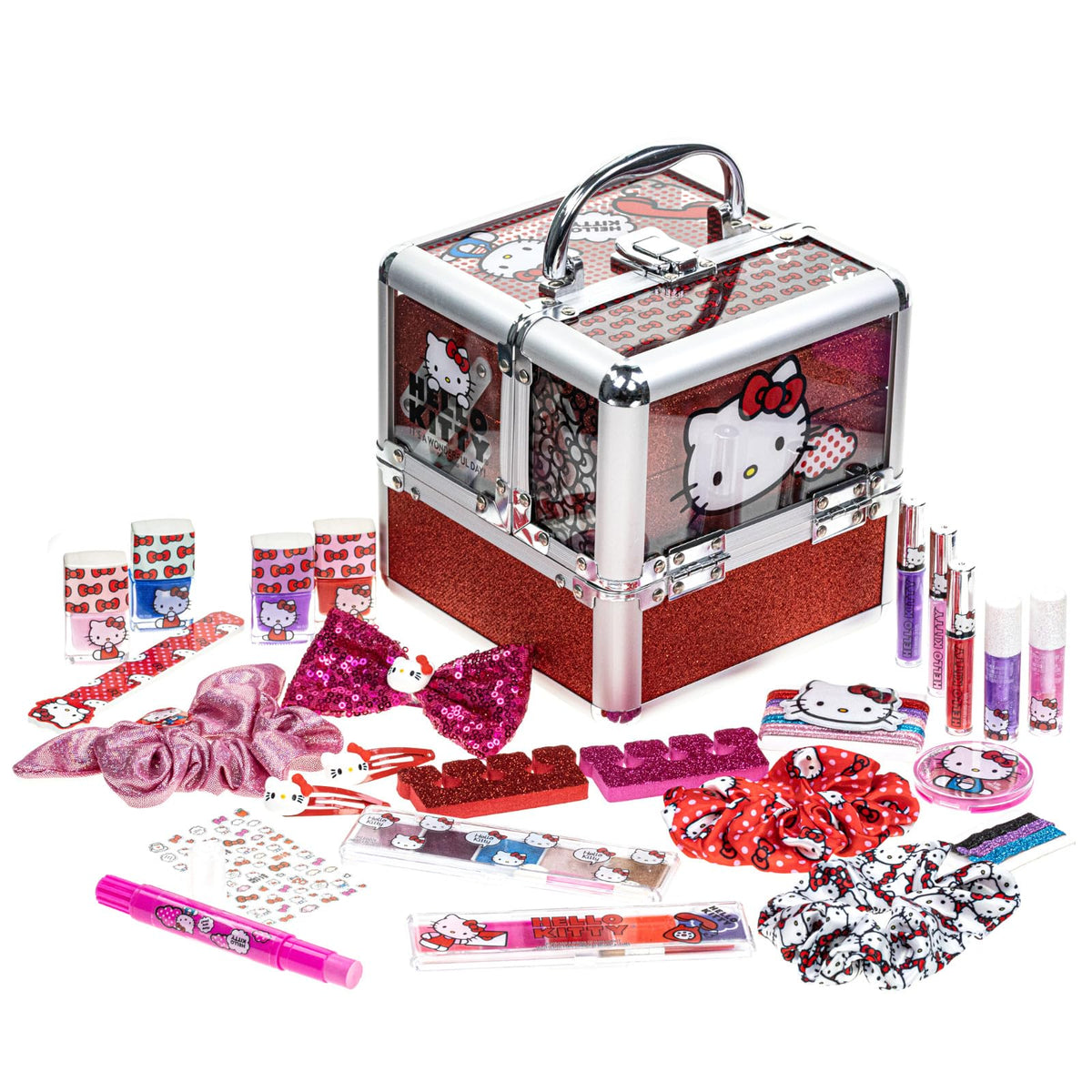 Townley Girl Hello Kitty train case front view with latch for easy transport