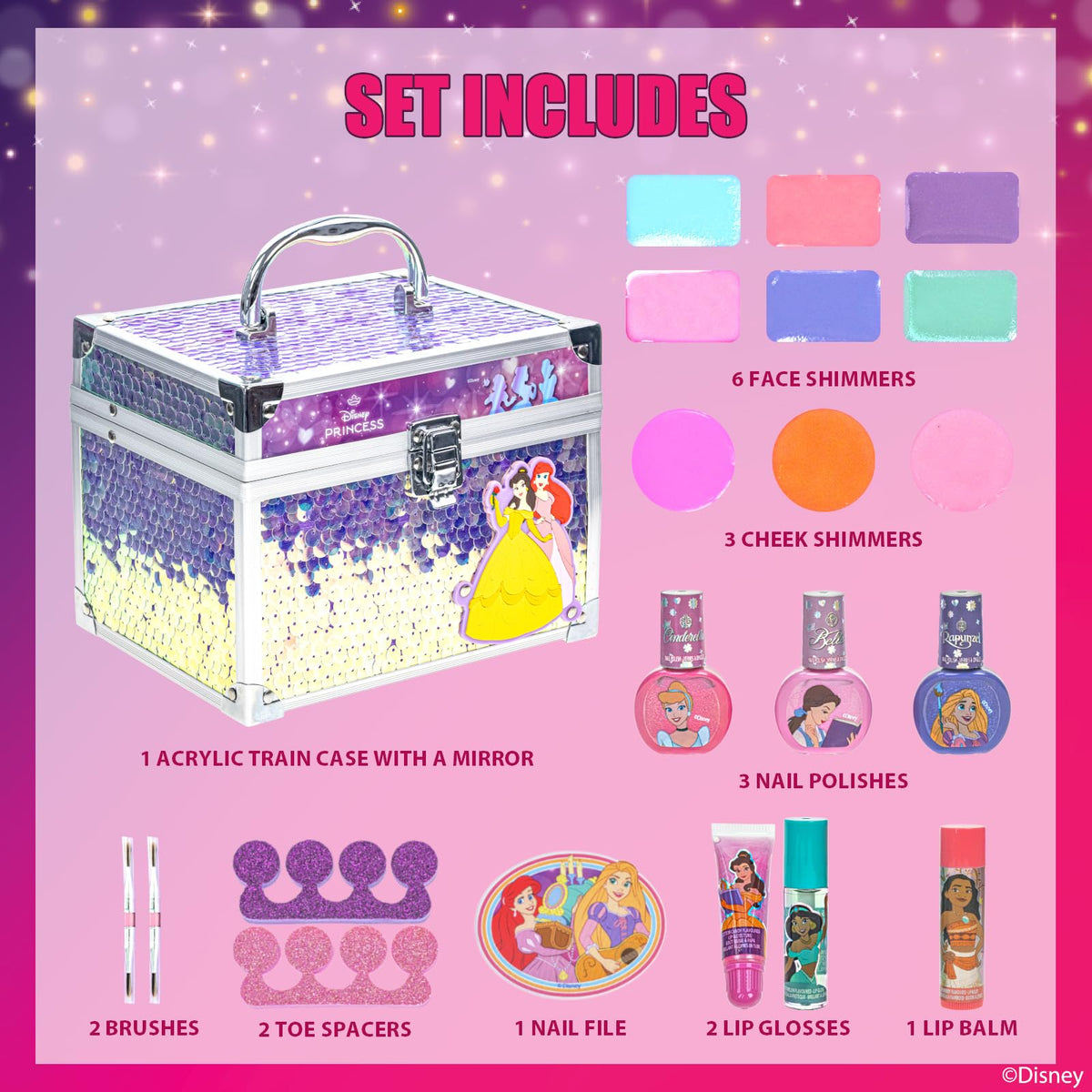 Townley Girl open train case displaying contents for easy selection benefit