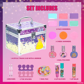 Townley Girl open train case displaying contents for easy selection benefit