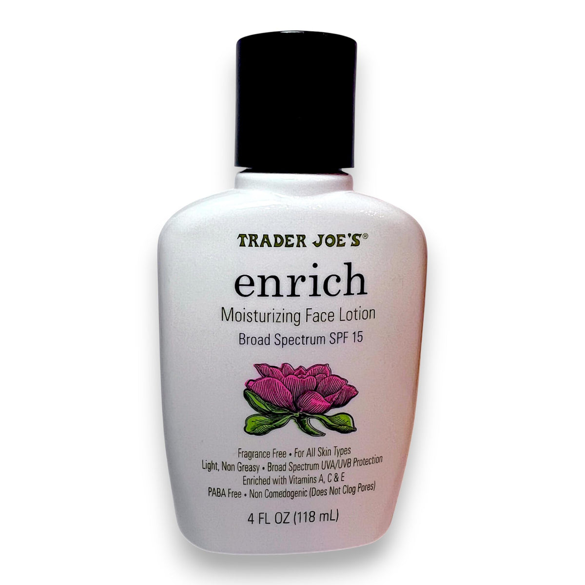 Trader Joe's Enrich front packaging showing two 4 oz bottles and SPF label for value