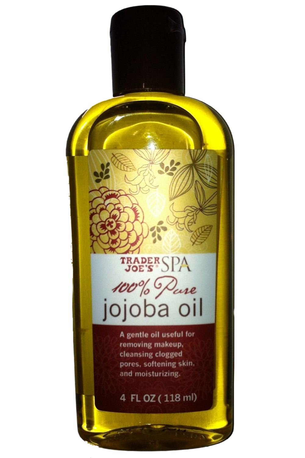 Trader Joe's jojoba oil front bottle showing label and easy-pour benefit