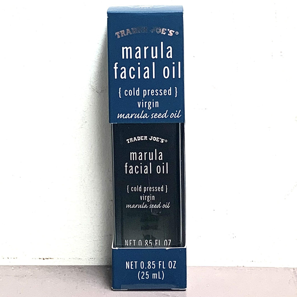 Trader Joe's marula facial oil front bottle showing label and easy-pour cap benefits lightweight hydration