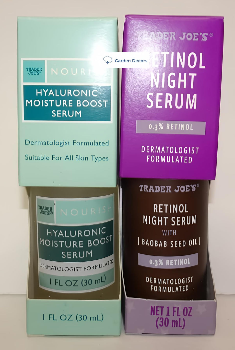 Trader Joe's front packaging showing both serum bottles and clear labels for easy selection