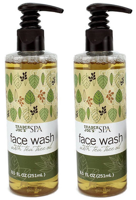 Trader Joe's spa face wash front packaging showing two 8.5 fl oz bottles and product benefits