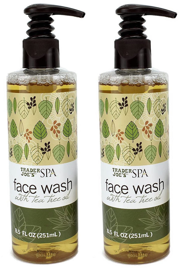 Trader Joe's spa face wash front packaging showing two 8.5 fl oz bottles and product benefits