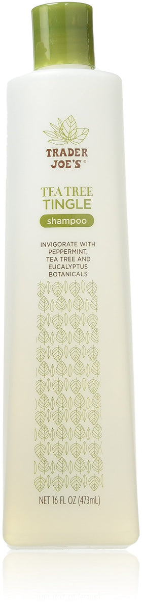 Trader Joe's shampoo front packaging showing label and 16 oz bottle, highlighting refreshing botanicals