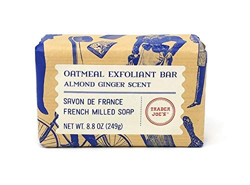 Trader Savon de France front packaging showing almond ginger scent and benefit of gentle exfoliation