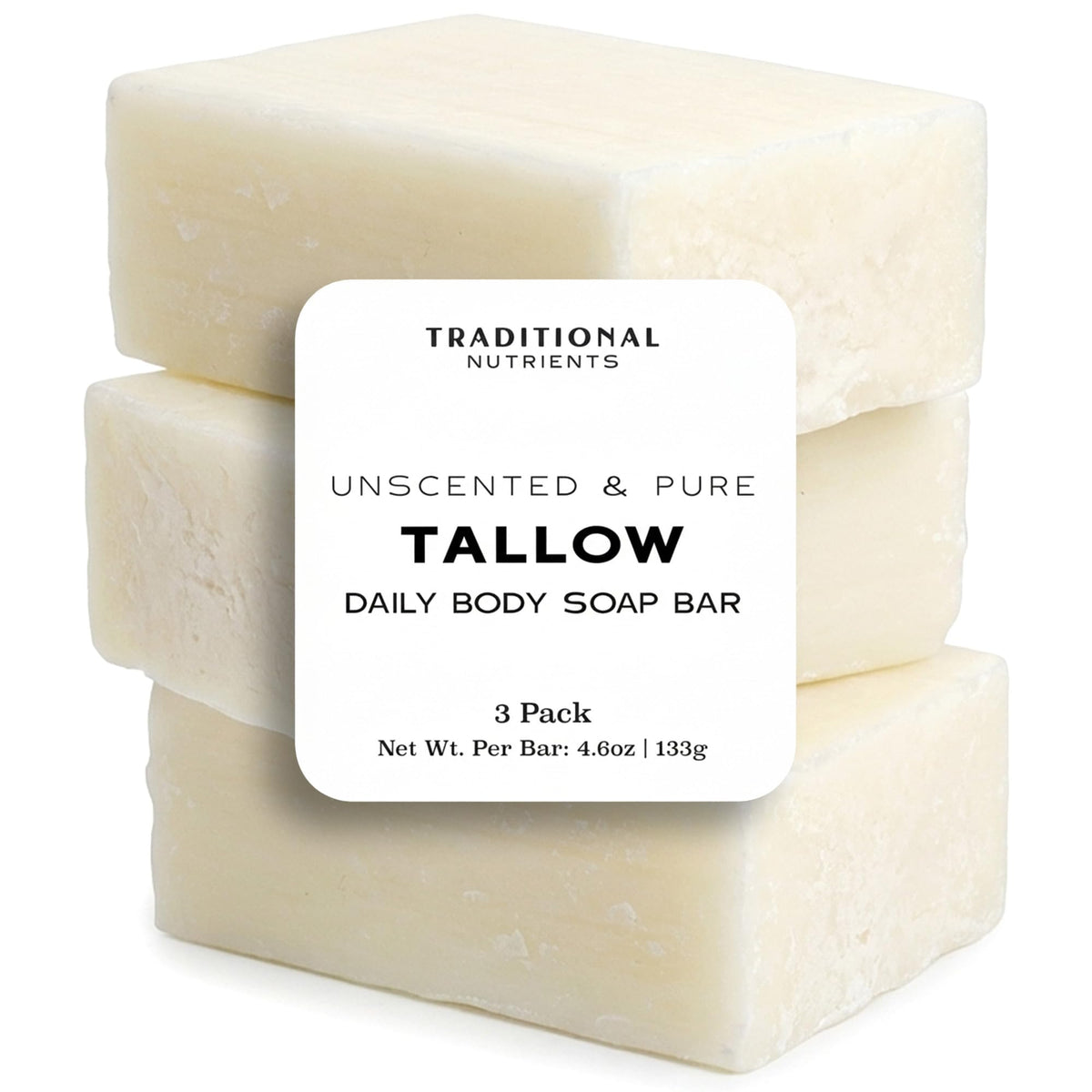 TRADITIONAL NUTRIENTS front packaging showing unscented tallow soap for a clear product view