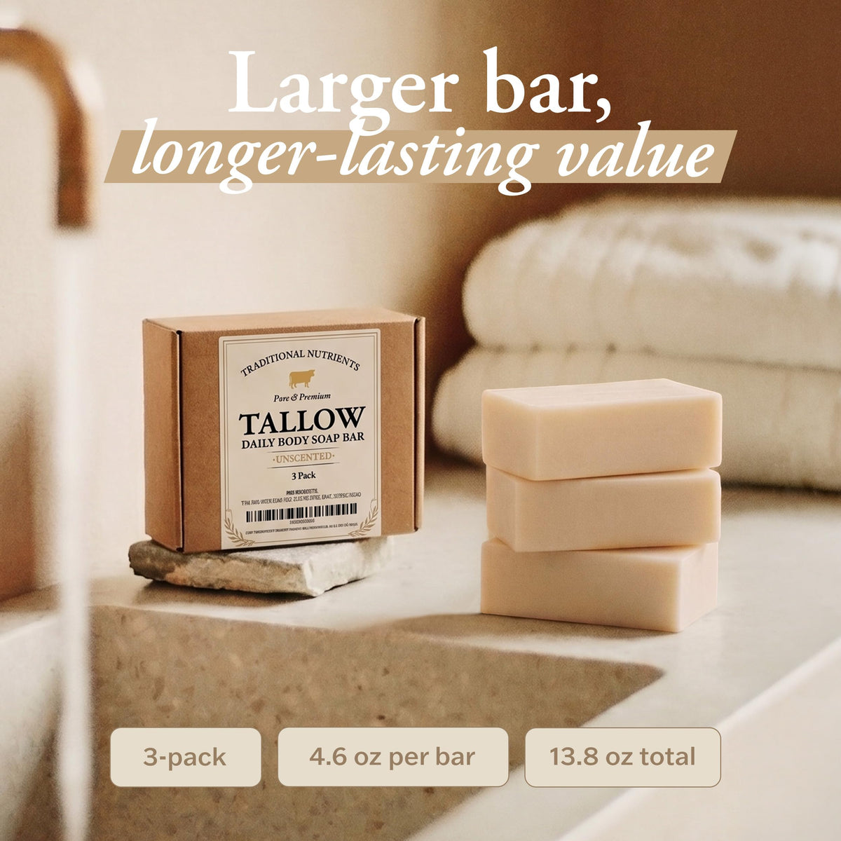 TRADITIONAL NUTRIENTS three-bar pack staged in bathroom for gifting and storage inspiration