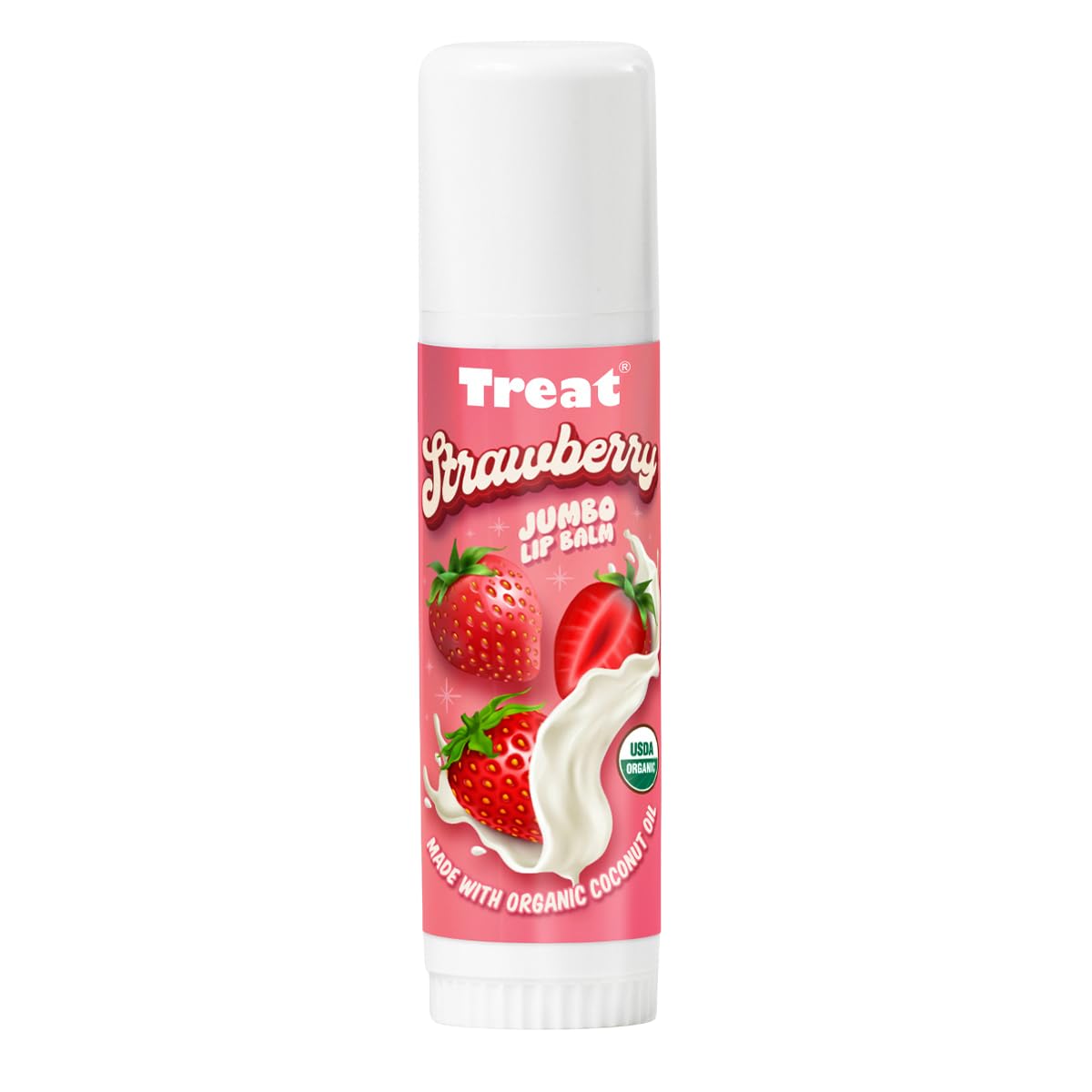 TREAT BEAUTY front packaging showing jumbo strawberry lip balm benefit hydration