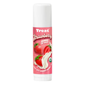 TREAT BEAUTY front packaging showing jumbo strawberry lip balm benefit hydration