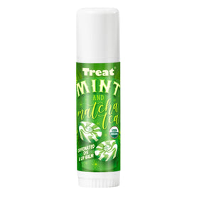 TREAT front packaging showing jumbo organic lip balm and benefit of long-lasting hydration