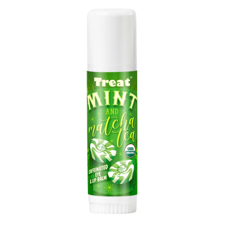 TREAT front packaging showing jumbo organic lip balm and benefit of long-lasting hydration