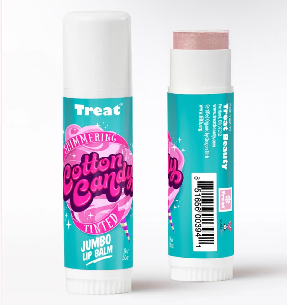 Treat jumbo shade on lips shows sheer pink shimmer and natural radiance