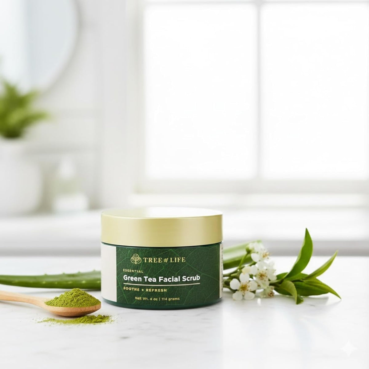 Tree of Life scrub on bathroom shelf in lifestyle setting for daily routine
