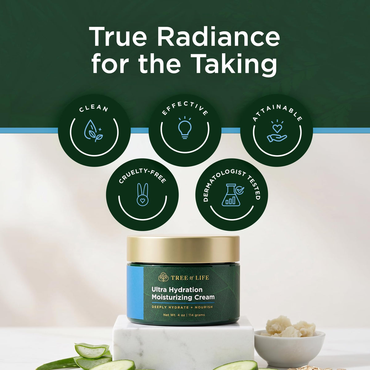 Tree of Life Beauty jar on bathroom shelf lifestyle shot promoting daily routine