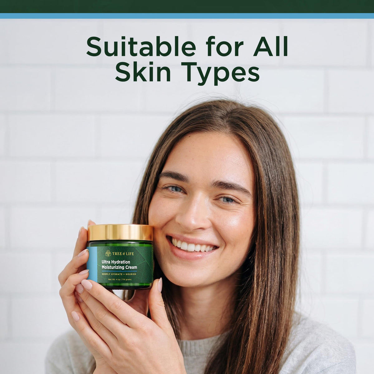 Tree of Life Beauty cream on neck and décolleté illustrating hydrating coverage