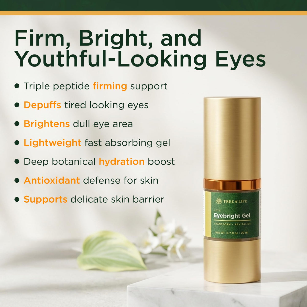 Tree of Life Beauty applying gel under eye to reduce puffiness and refresh appearance