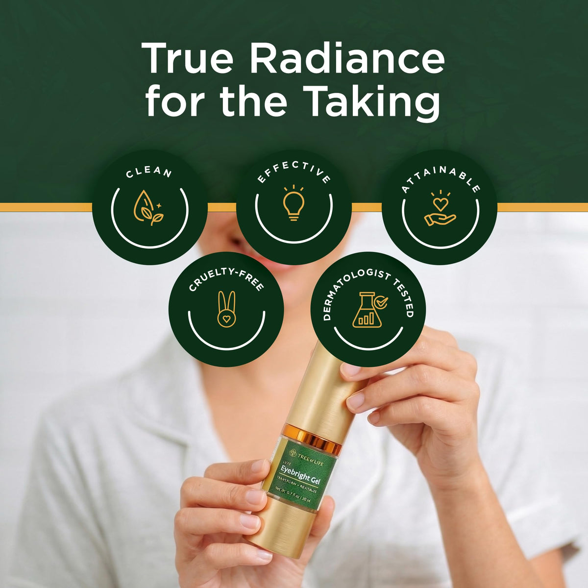 Tree of Life Beauty in bathroom routine showing nightly use for smoother eye area