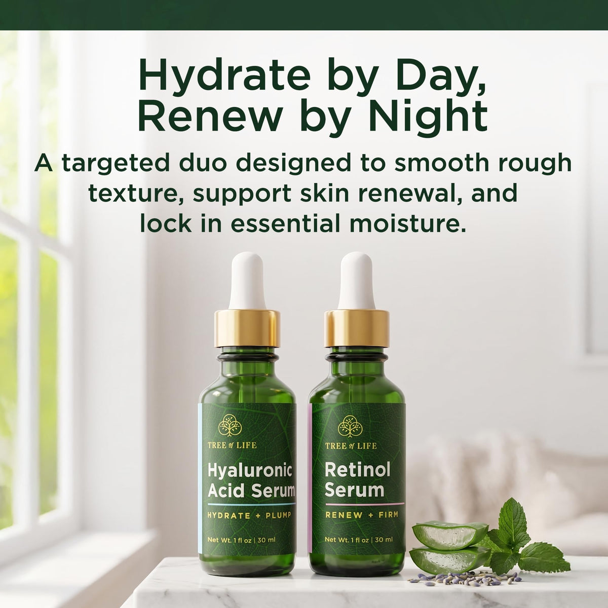 Tree of Life Beauty hyaluronic serum drop on skin for instant hydration