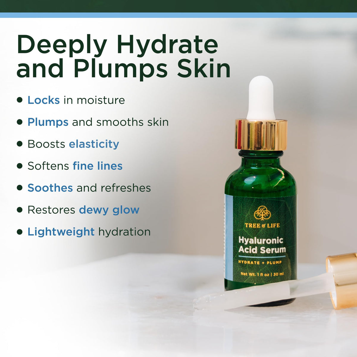 Tree of Life Beauty hyaluronic serum texture glistening to demonstrate lightweight hydration