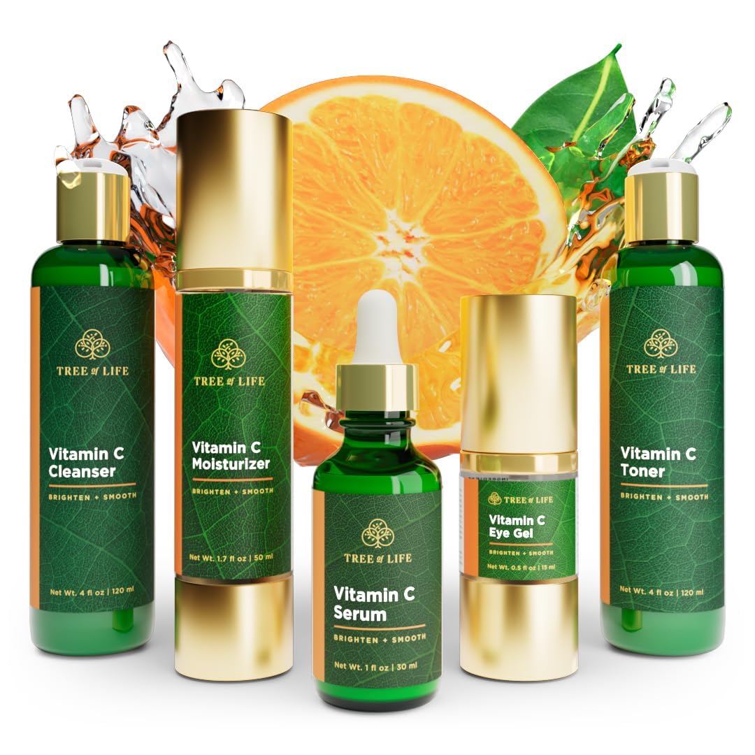 tree of life front packaging showing five Vitamin C products and clear labeling, brightening boost