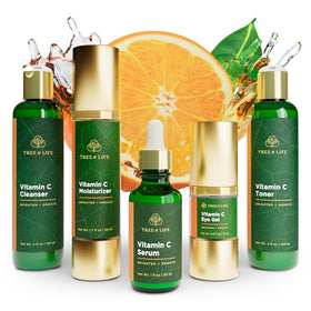 tree of life front packaging showing five Vitamin C products and clear labeling, brightening boost