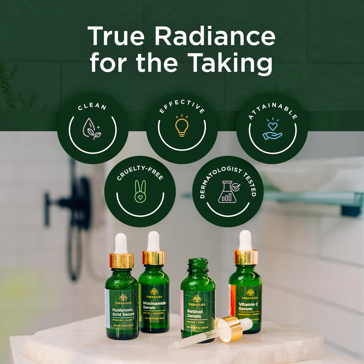 Tree of Life lifestyle bathroom setup showing how serums fit into daily routine