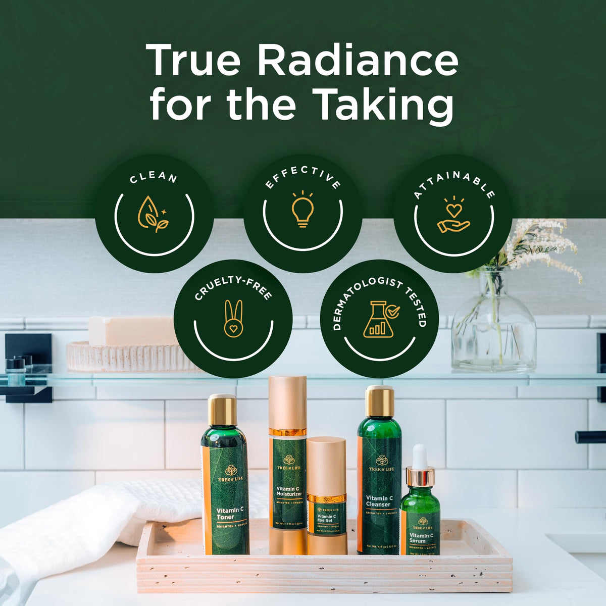 tree of life lifestyle bathroom setup with products staged, convenient daily care and gifting