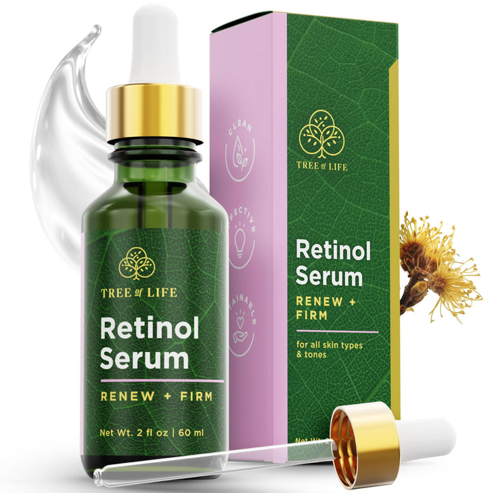 Tree of Life retinol serum front bottle showing label and 2 fl oz size benefit: clear product info