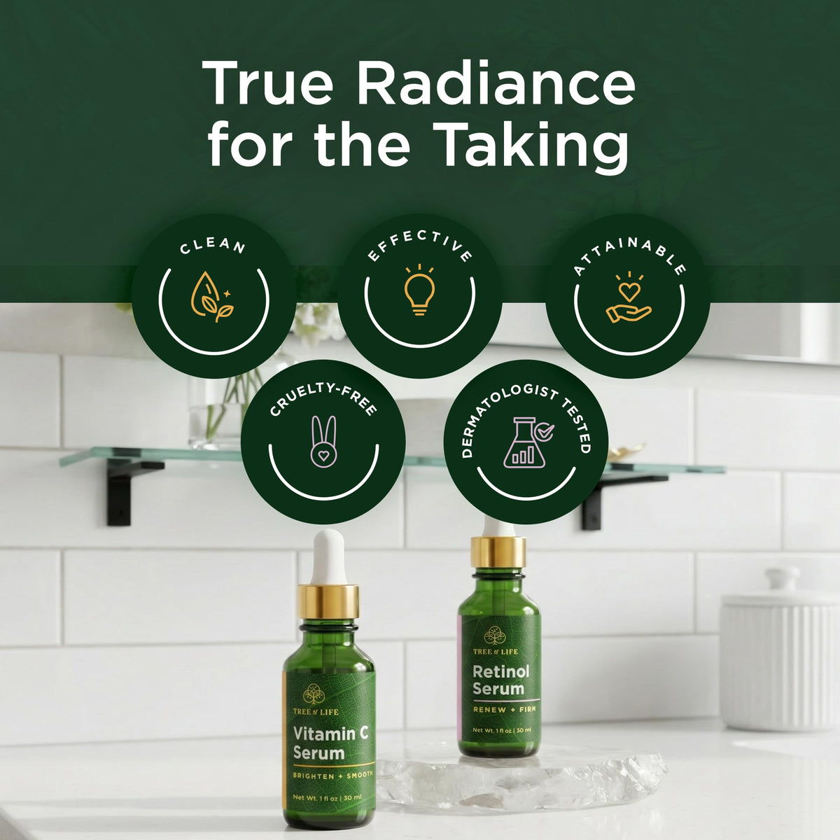 Tree of Life Beauty hand holding bottles to show size and practical travel-friendly scale