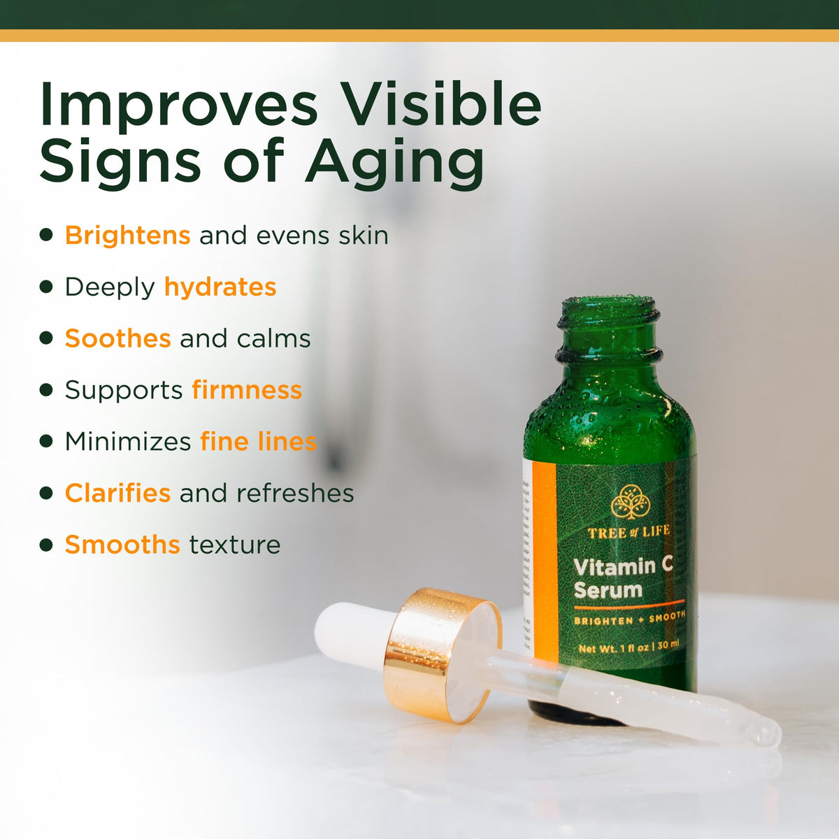 Tree of Life Beauty vitamin C serum bottle label highlighting brightening support