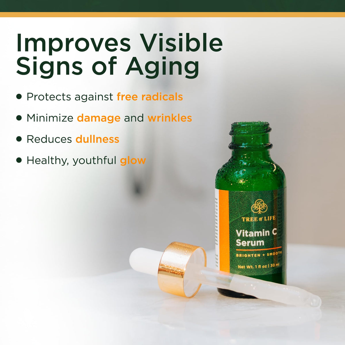 Tree of Life vitamin C serum bottle with orange tint indicating brightening effect