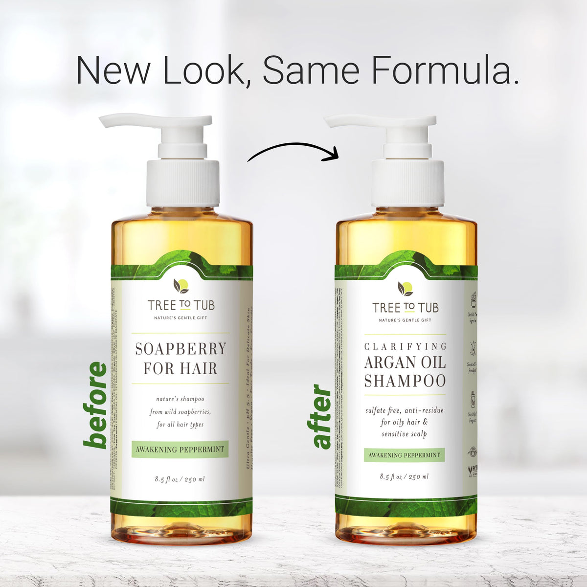 Tree To Tub argan oil and peppermint leaves highlighting natural ingredients